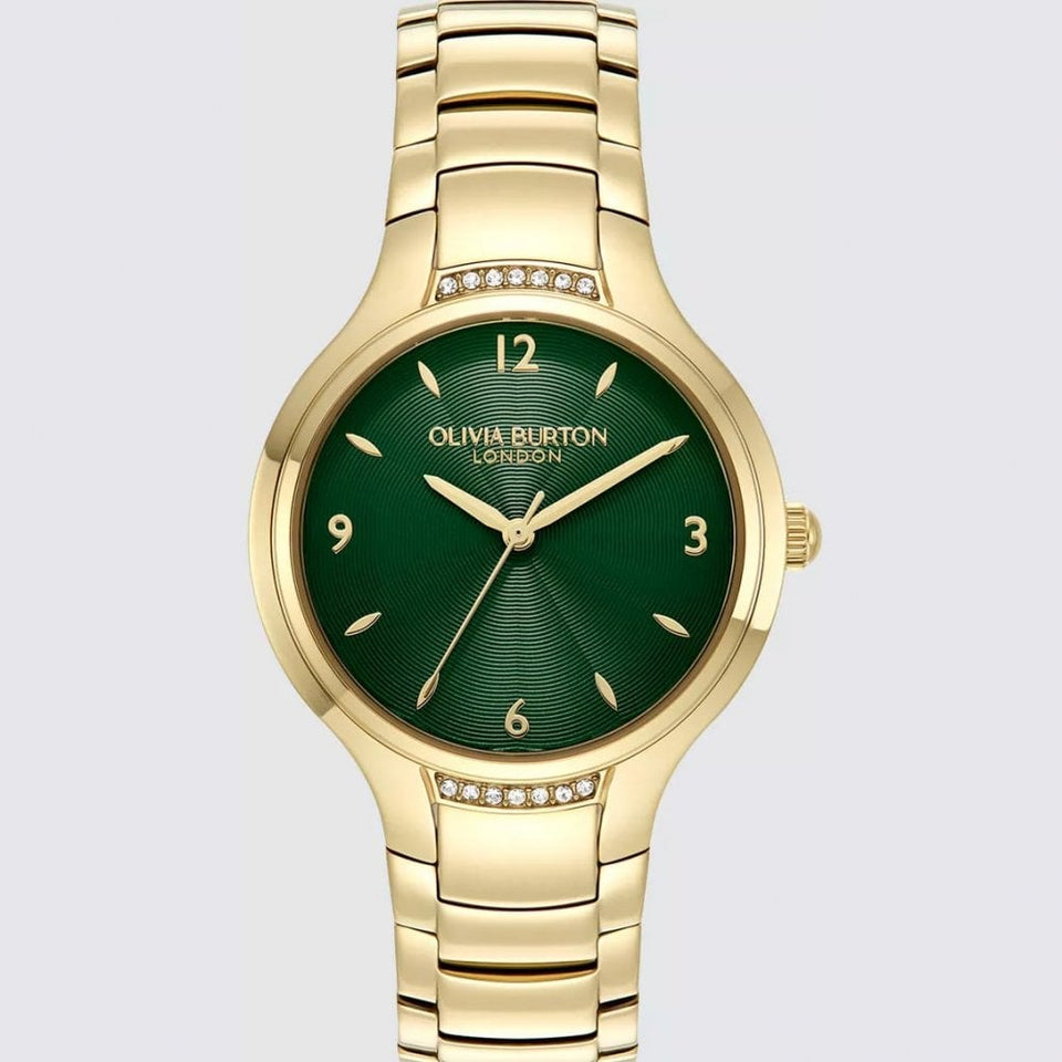 Olivia Burton Ladies Green Dial Watch & Gold Toned Interlinked Bracelet Set