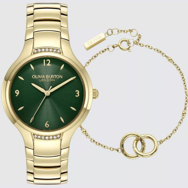 Olivia Burton Ladies Green Dial Watch & Gold Toned Interlinked Bracelet Set