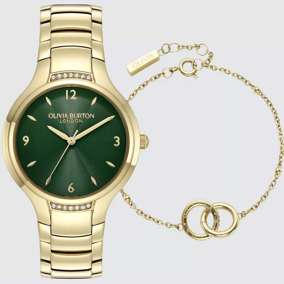 Olivia Burton Ladies Green Dial Watch & Gold Toned Interlinked Bracelet Set