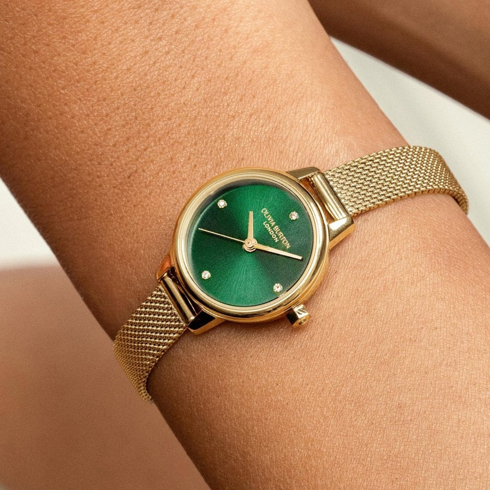 Olivia Burton Ladies Mini Classic Forest Green Dial Gold Plated Mesh Bracelet Watch