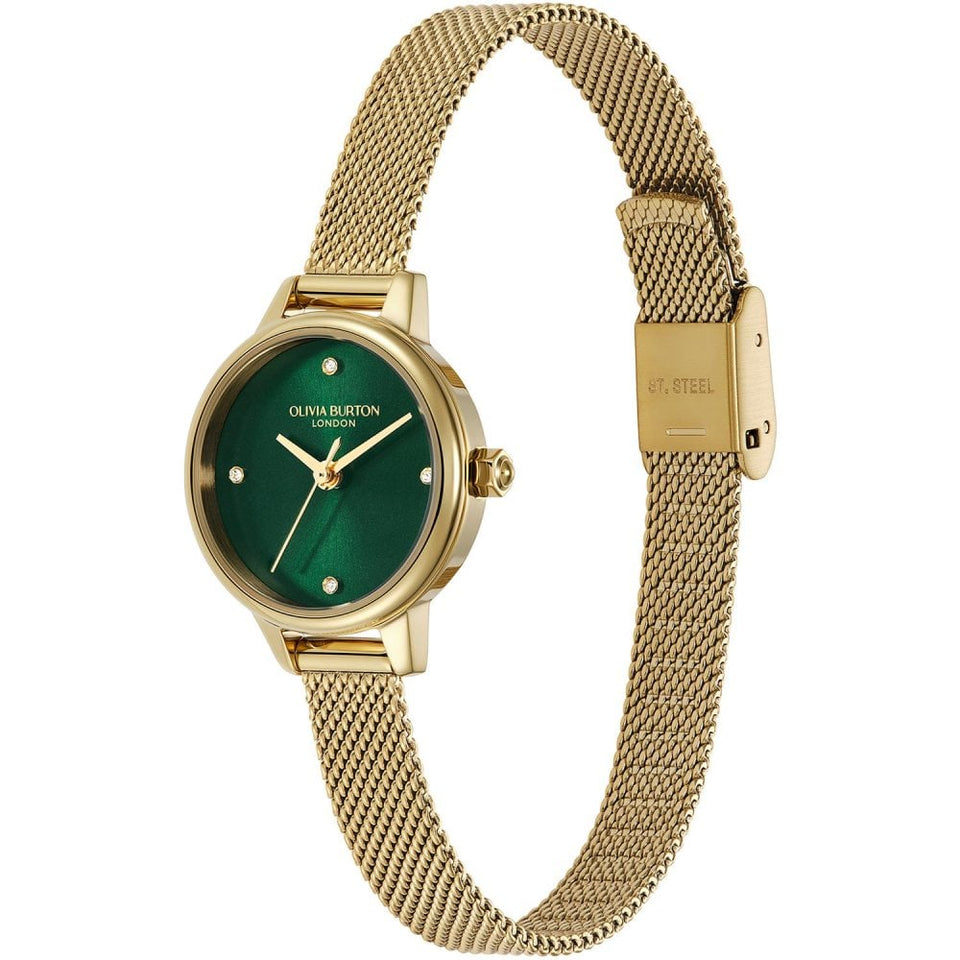 Olivia Burton Ladies Mini Classic Forest Green Dial Gold Plated Mesh Bracelet Watch