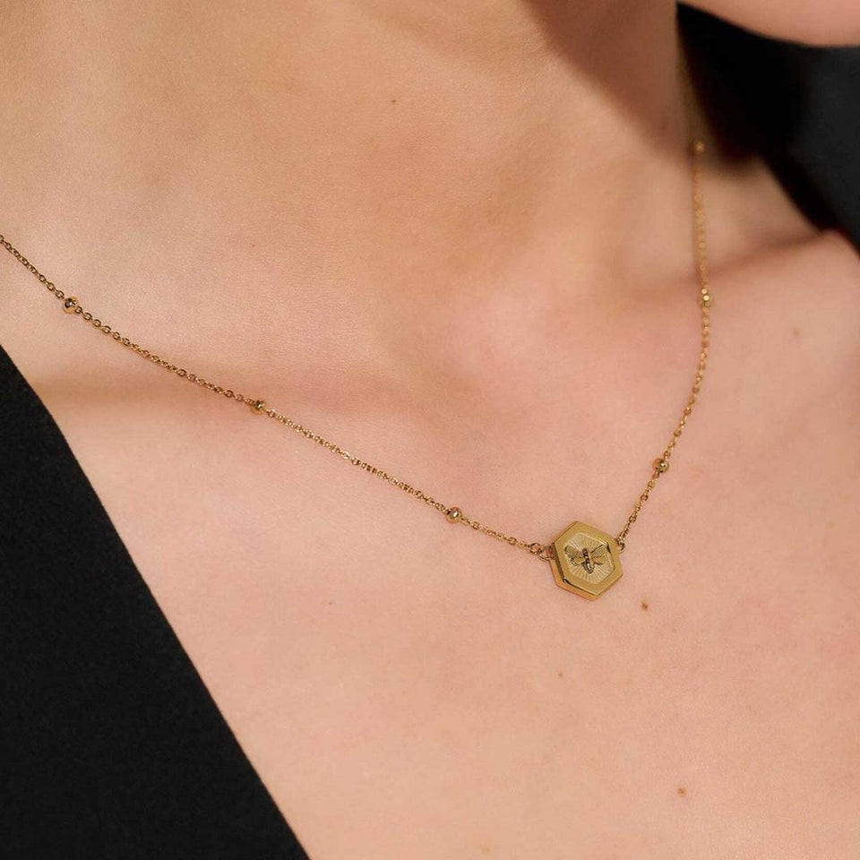 Olivia Burton Ladies Minima Bee Honeycomb Gold Plated Beaded Necklace