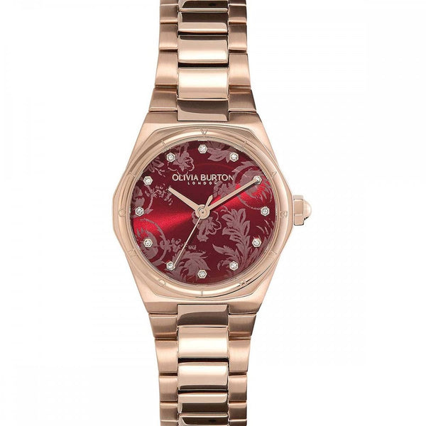 Olivia Burton Ladies Rose Gold Mini Hexa 28mm Cranberry Dial Watch