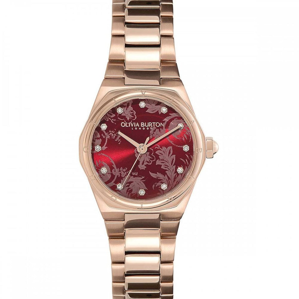 Olivia Burton Ladies Rose Gold Mini Hexa 28mm Cranberry Dial Watch