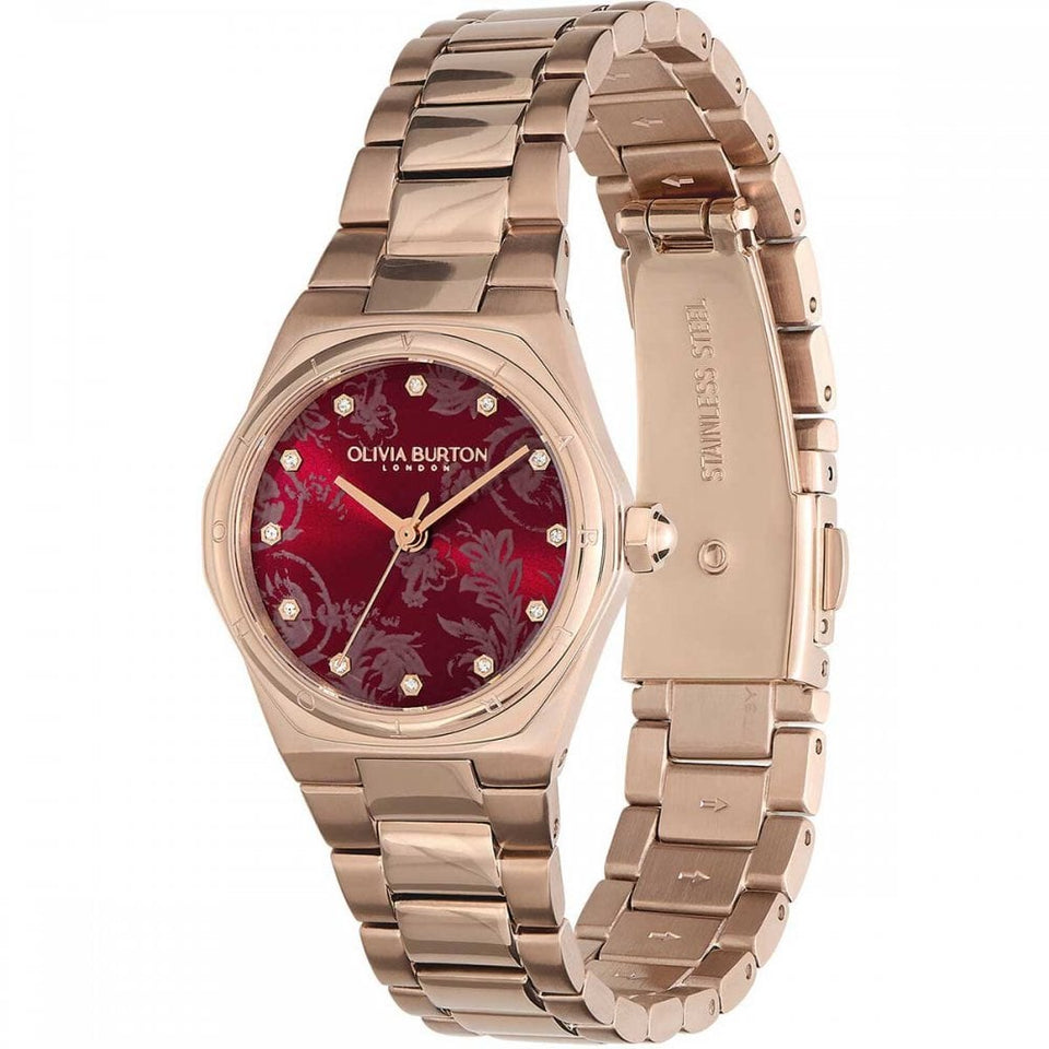 Olivia Burton Ladies Rose Gold Mini Hexa 28mm Cranberry Dial Watch