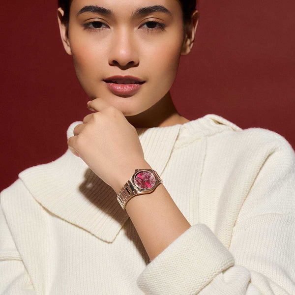 Olivia Burton Ladies Rose Gold Mini Hexa 28mm Cranberry Dial Watch