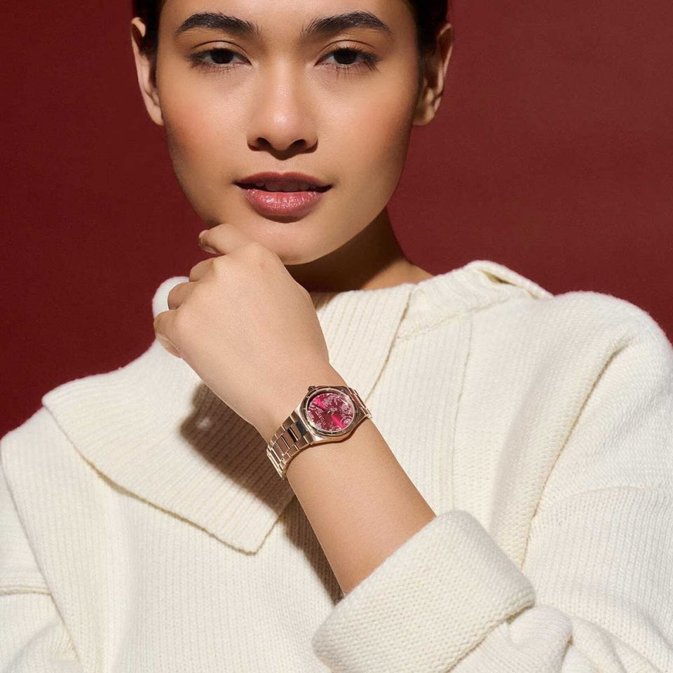 Olivia Burton Ladies Rose Gold Mini Hexa 28mm Cranberry Dial Watch