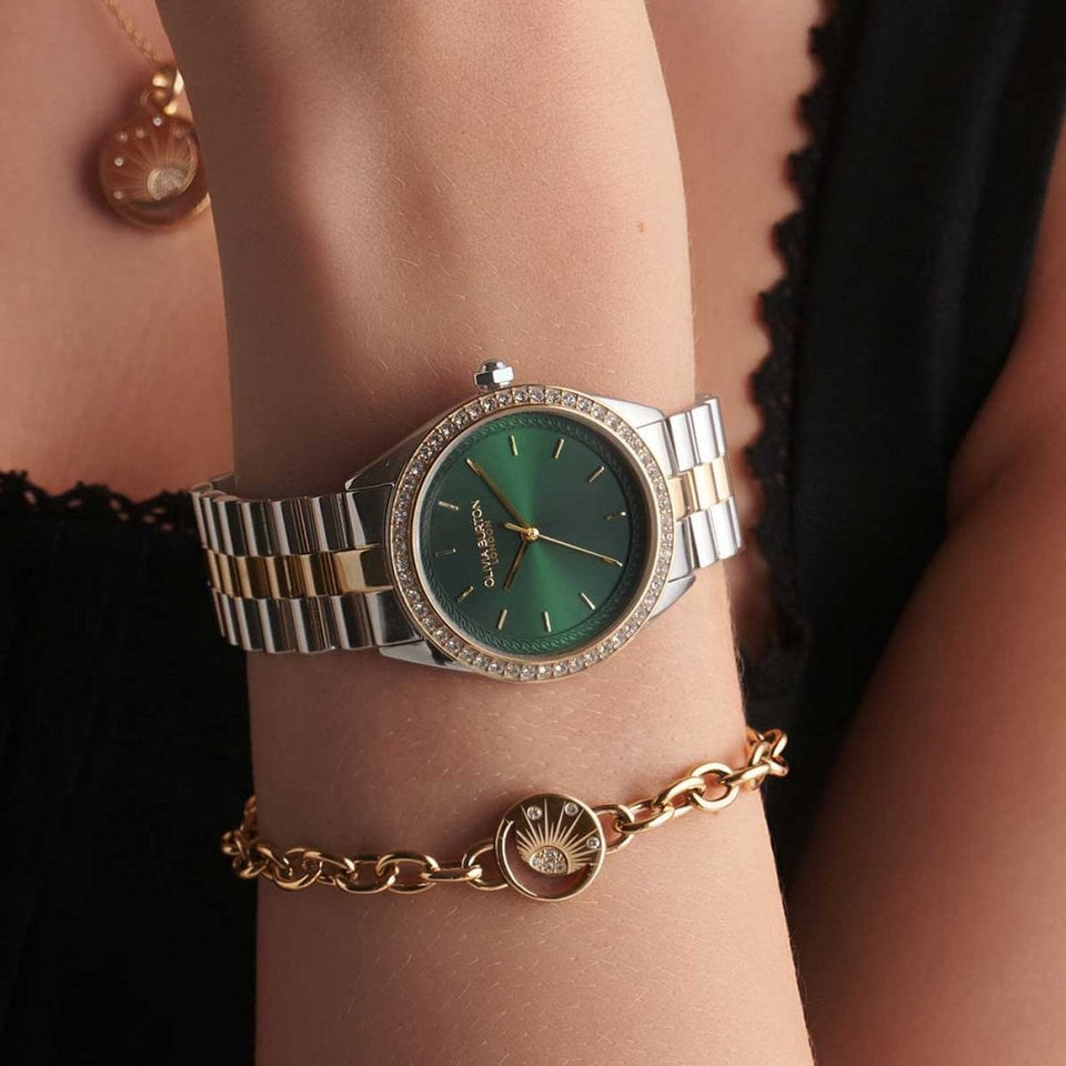 Olivia Burton Ladies Sports Luxe 34mm Forest Green Two Tone Watch