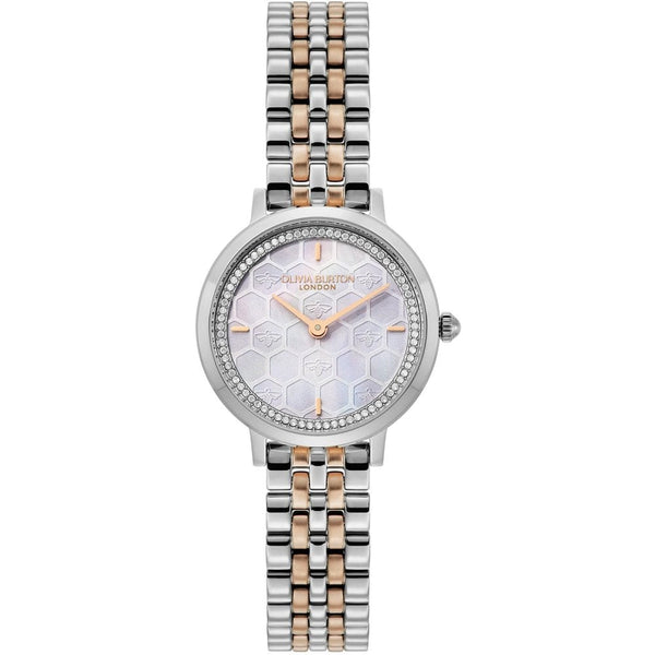 Olivia Burton Ladies Ultra Slim Honeycomb Dove Grey Dial Two Tone Watch