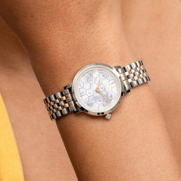 Olivia Burton Ladies Ultra Slim Honeycomb Dove Grey Dial Two Tone Watch