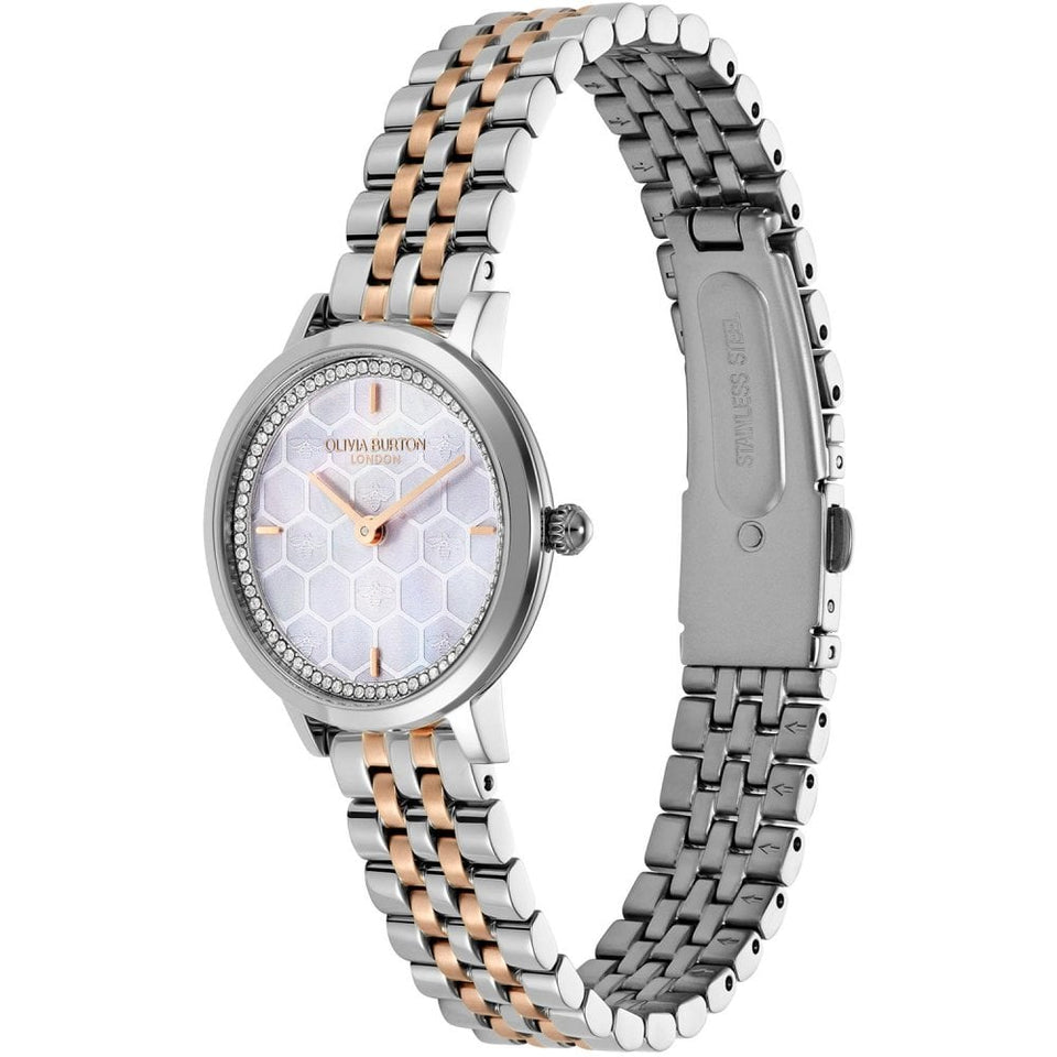 Olivia Burton Ladies Ultra Slim Honeycomb Dove Grey Dial Two Tone Watch