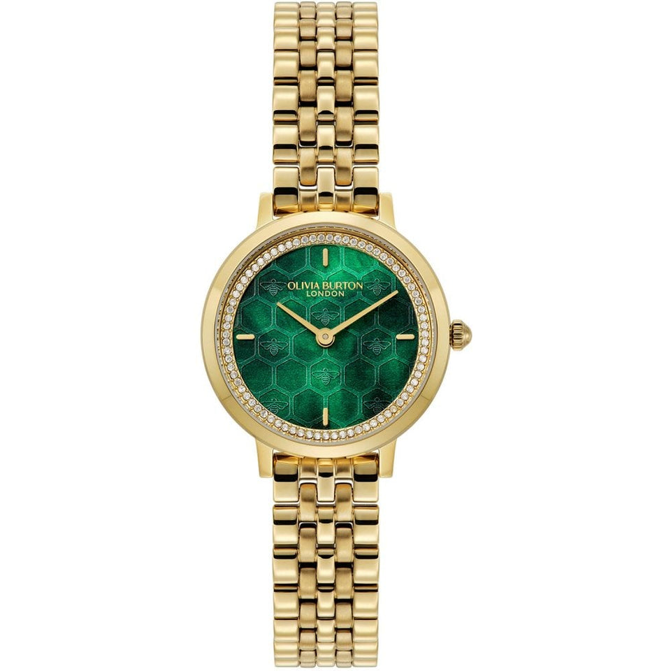 Olivia Burton Ladies Ultra Slim Honeycomb Forest Green Dial Gold Plated Watch