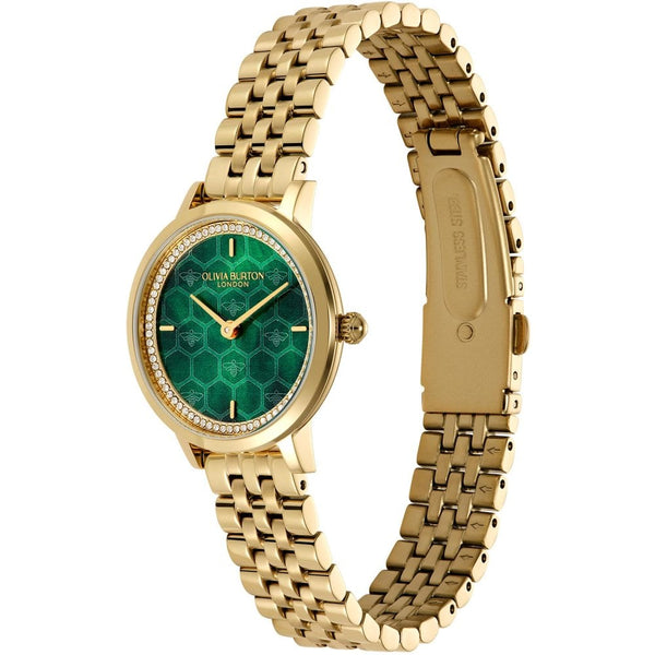 Olivia Burton Ladies Ultra Slim Honeycomb Forest Green Dial Gold Plated Watch