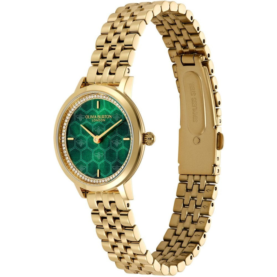Olivia Burton Ladies Ultra Slim Honeycomb Forest Green Dial Gold Plated Watch