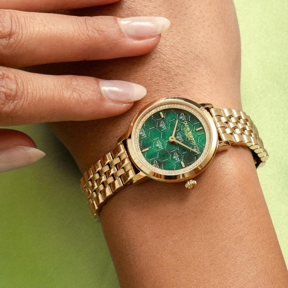 Olivia Burton Ladies Ultra Slim Honeycomb Forest Green Dial Gold Plated Watch
