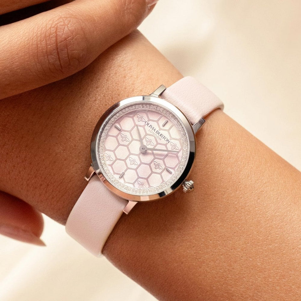 Olivia Burton Ladies Ultra Slim Honeycomb Primrose Dial Leather Strap Watch