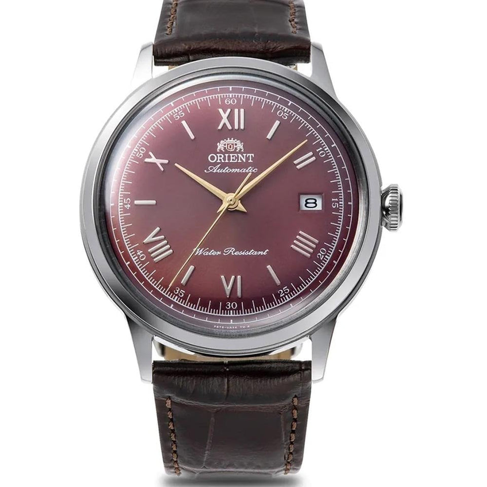 Orient Bambino 40.5mm Red Dial Steel Brown Leather Strap Watch
