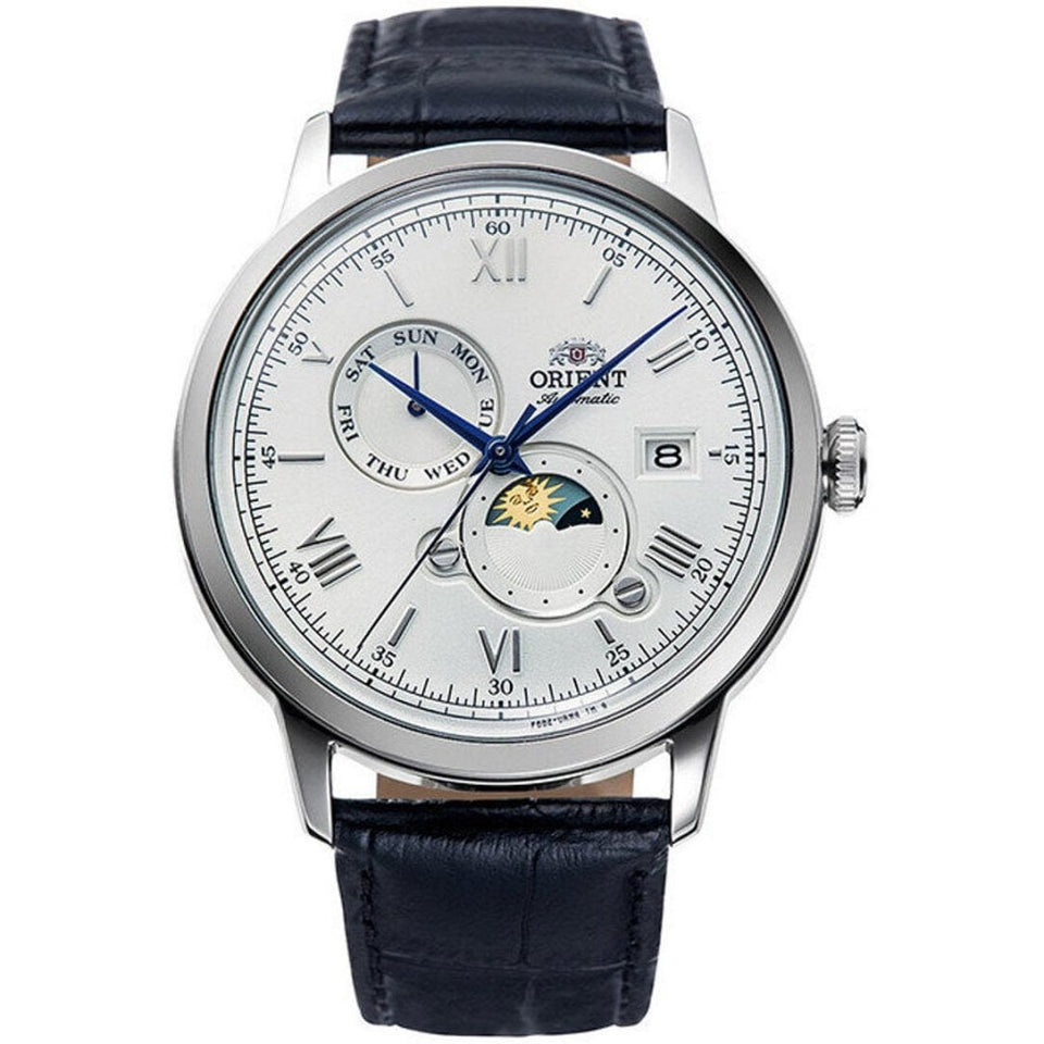 Orient Bambino Sun & Moon Blue Leather Strap Watch