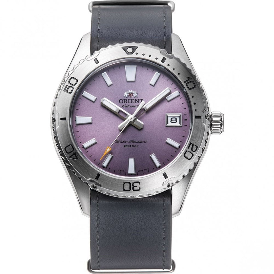 Orient Mako 40 Lilac Dial 39.9mm Grey Leather Strap Watch