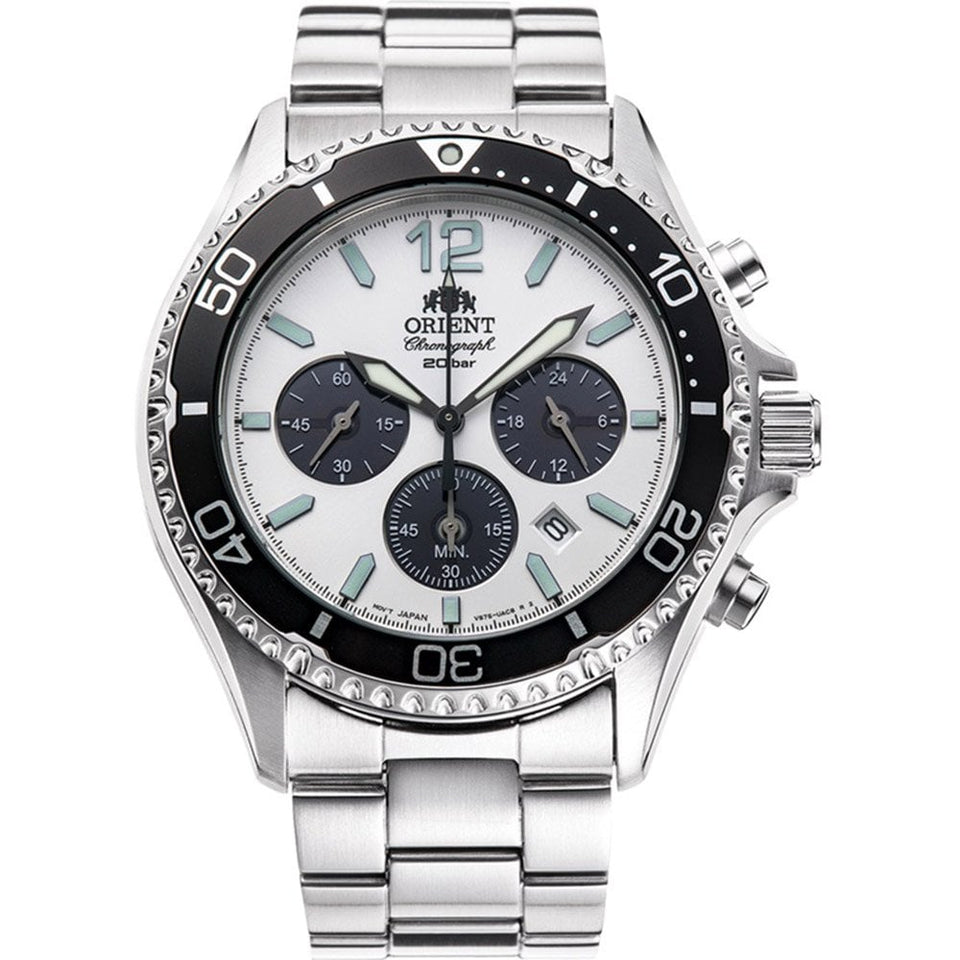 Orient Mako Chronograph White Dial Solar Bracelet Watch