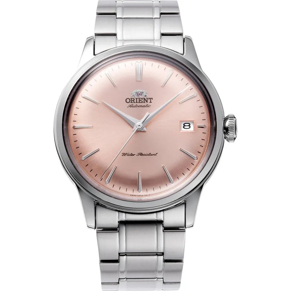 Orient Men’s Bambino 38mm Pink Dial Steel Bracelet Watch