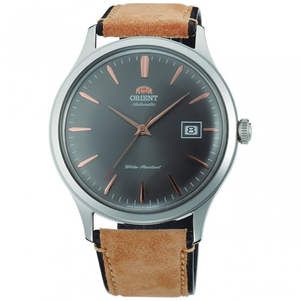 Orient Men's Bambino Mechanical 42mm Dark Grey Dial Beige Bund Leather Watch