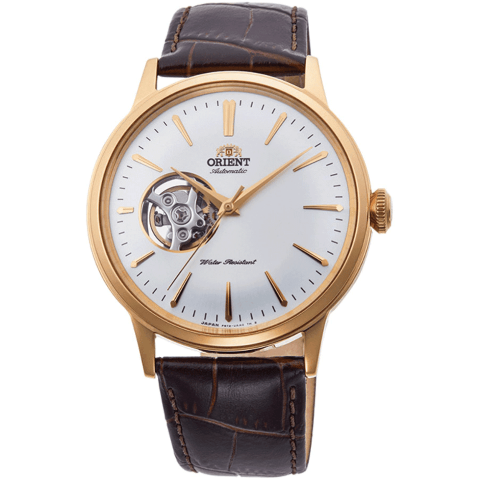 Orient Men's Bambino Open-Heart Mechanical 40.5mm White Dial Brown Leather