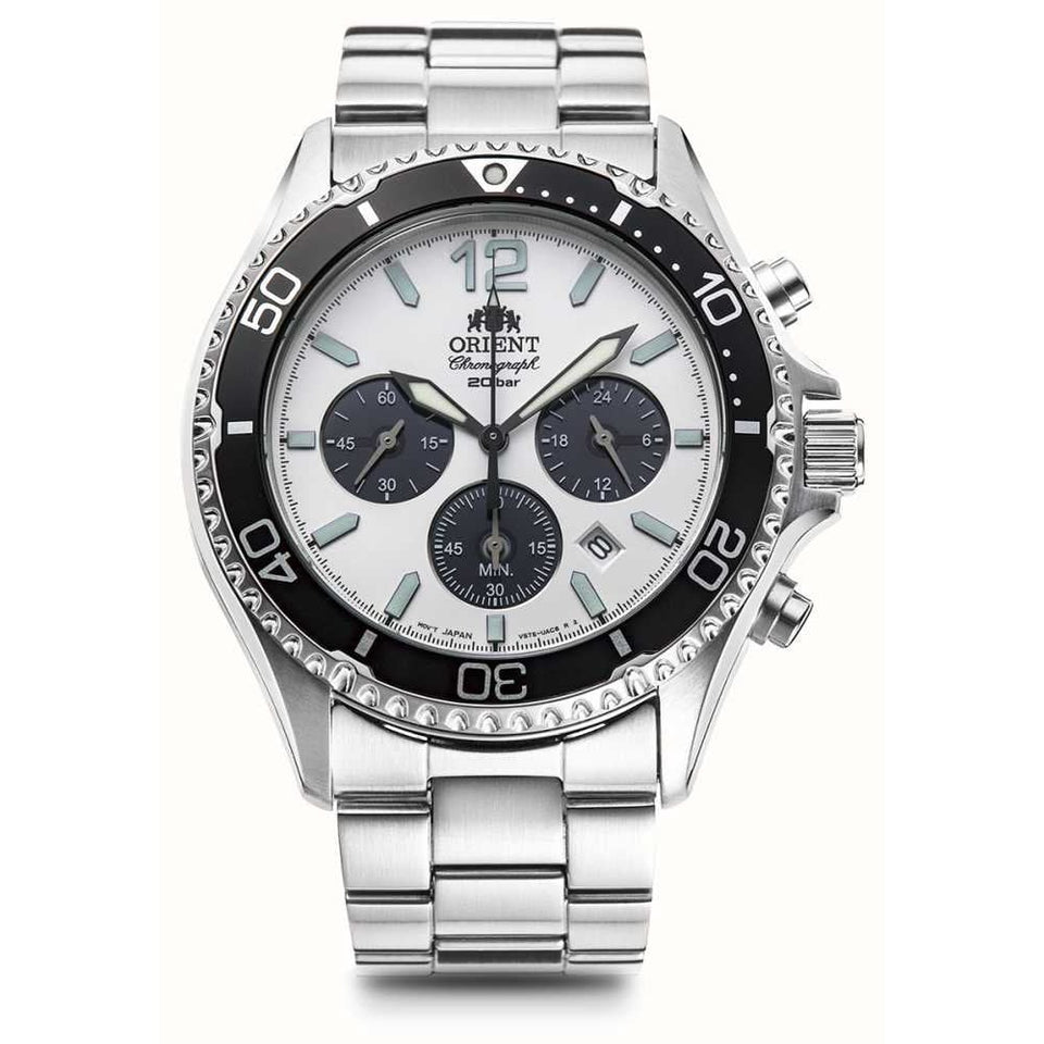 Orient Men's Mako Solar Chronograph 43mm White Dial Stainless Steel Watch