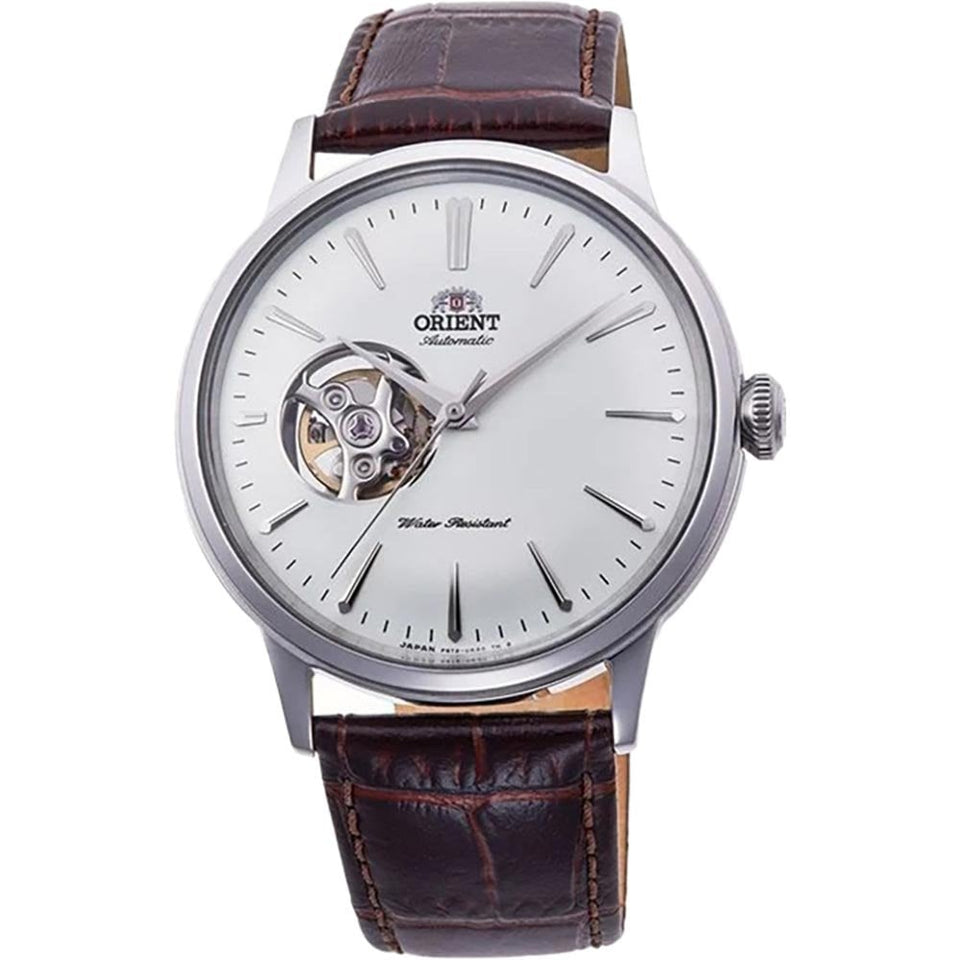 Orient Men's Open-Heart Mechanical Bambino 40.5mm White Dial Brown Leather