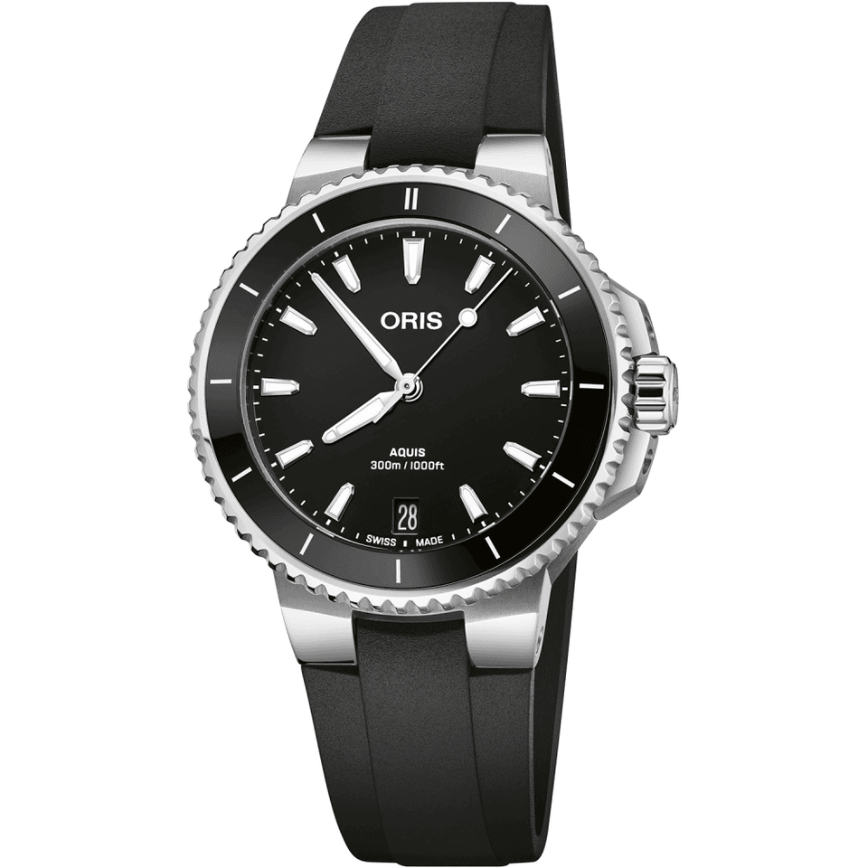 ORIS Ladies Aquis Date Black Dial Automatic 36.5mm Rubber Strap Watch