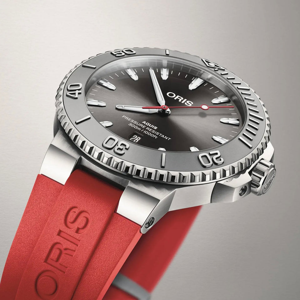 ORIS Men's Aquis 43.5mm Lollipop Red Strap Grey Dial Watch