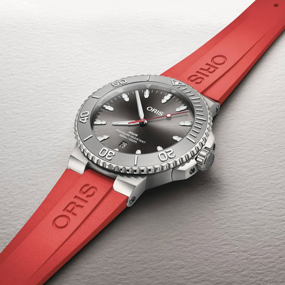 ORIS Men's Aquis 43.5mm Lollipop Red Strap Grey Dial Watch