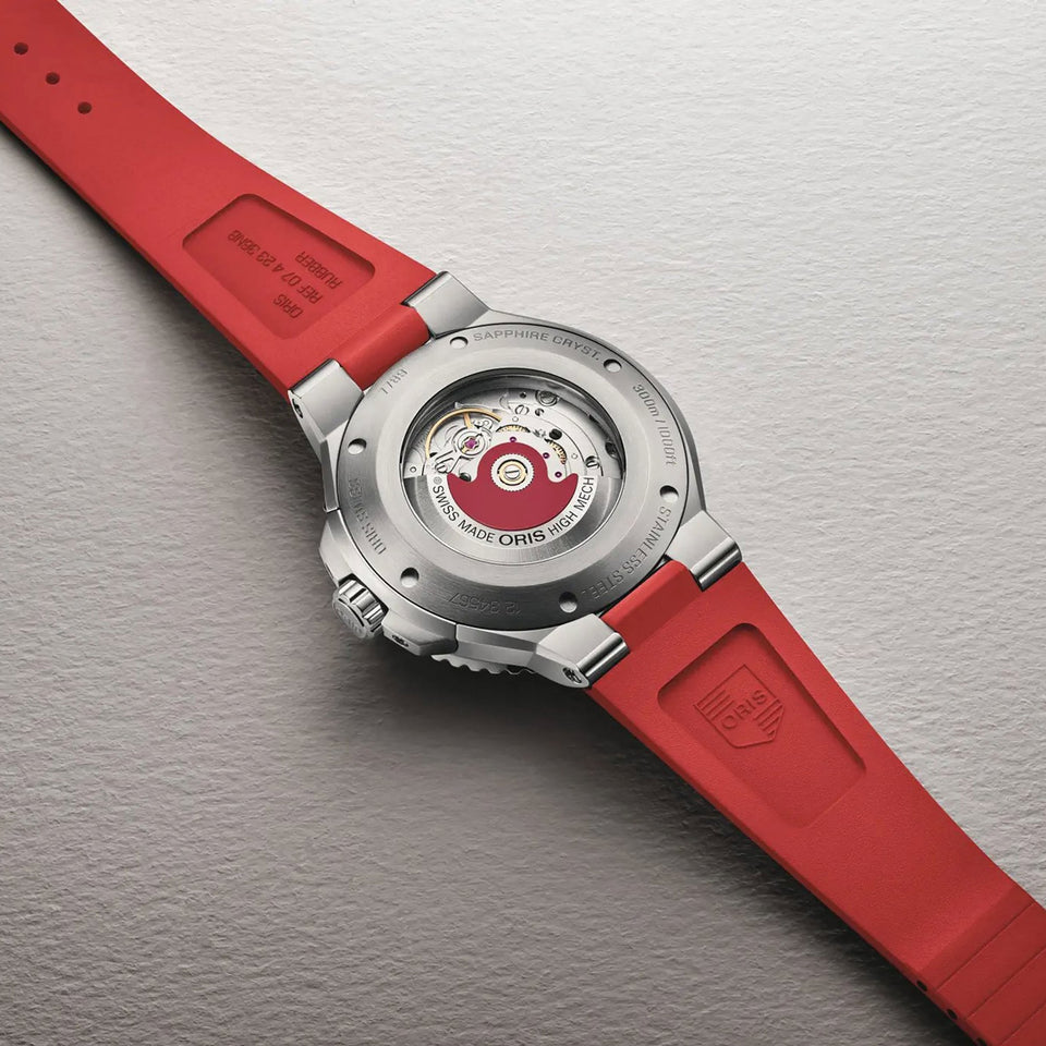 ORIS Men's Aquis 43.5mm Lollipop Red Strap Grey Dial Watch