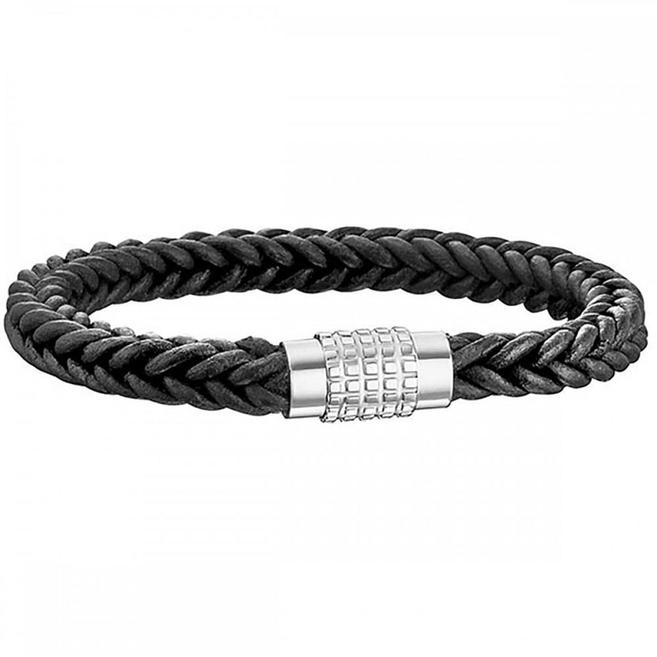Police Gents Cane Black Braided Stainless Steel Textured Clasp Bracelet