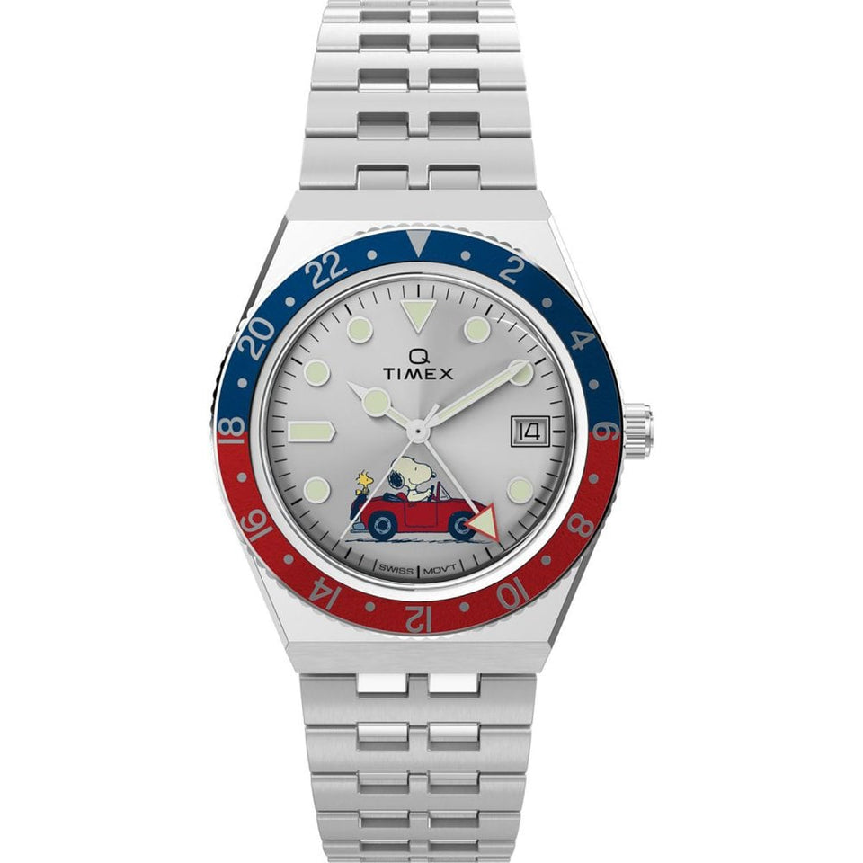 Timex Q Timex Peanuts GMT 38mm Blue & Red Bezel Watch