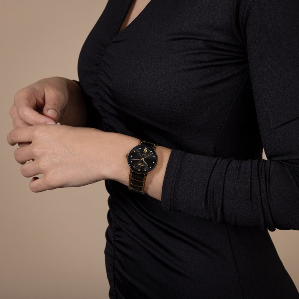 RADO Ladies CENTRIX Automatic Diamonds Black & Gold Watch