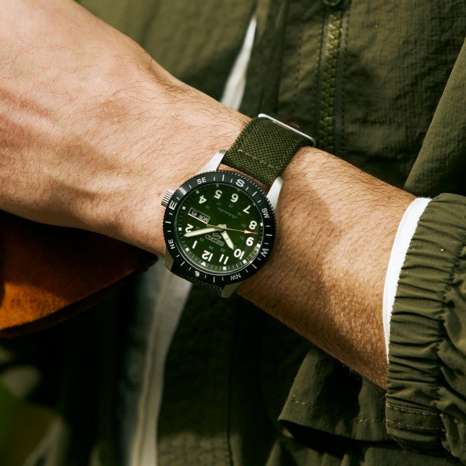 Seiko 5 Sports Men's Field In Fatigue Green Dial Nylon Strap Watch