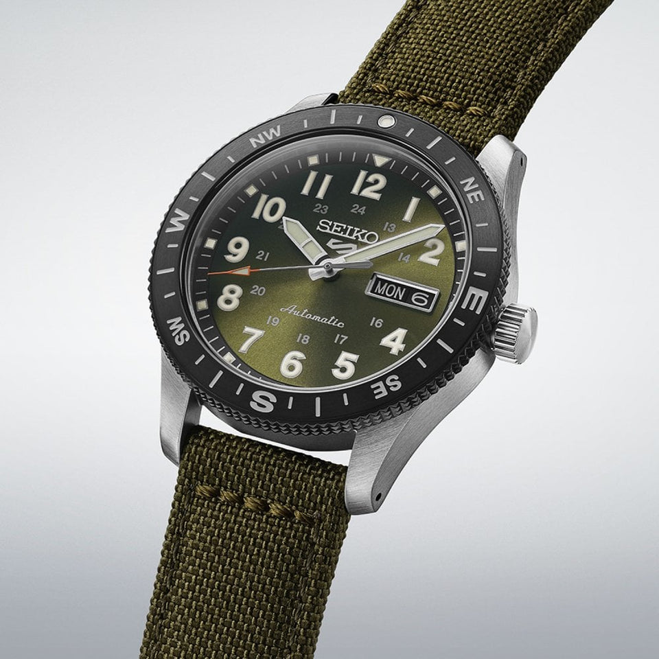Seiko 5 Sports Men's Field In Fatigue Green Dial Nylon Strap Watch