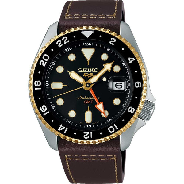 Seiko 5 Sports Men's Sports SKX GMT Mocha Leather Strap Watch
