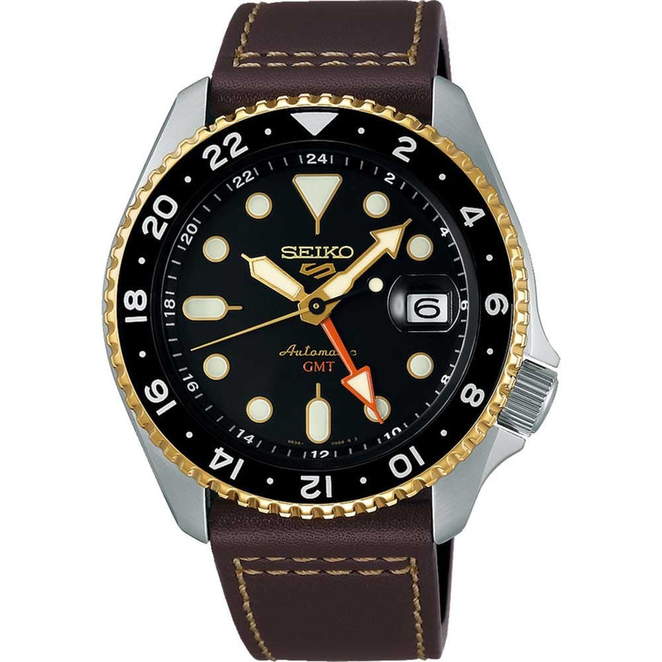 Seiko 5 Sports Men's Sports SKX GMT Mocha Leather Strap Watch