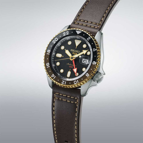 Seiko 5 Sports Men's Sports SKX GMT Mocha Leather Strap Watch