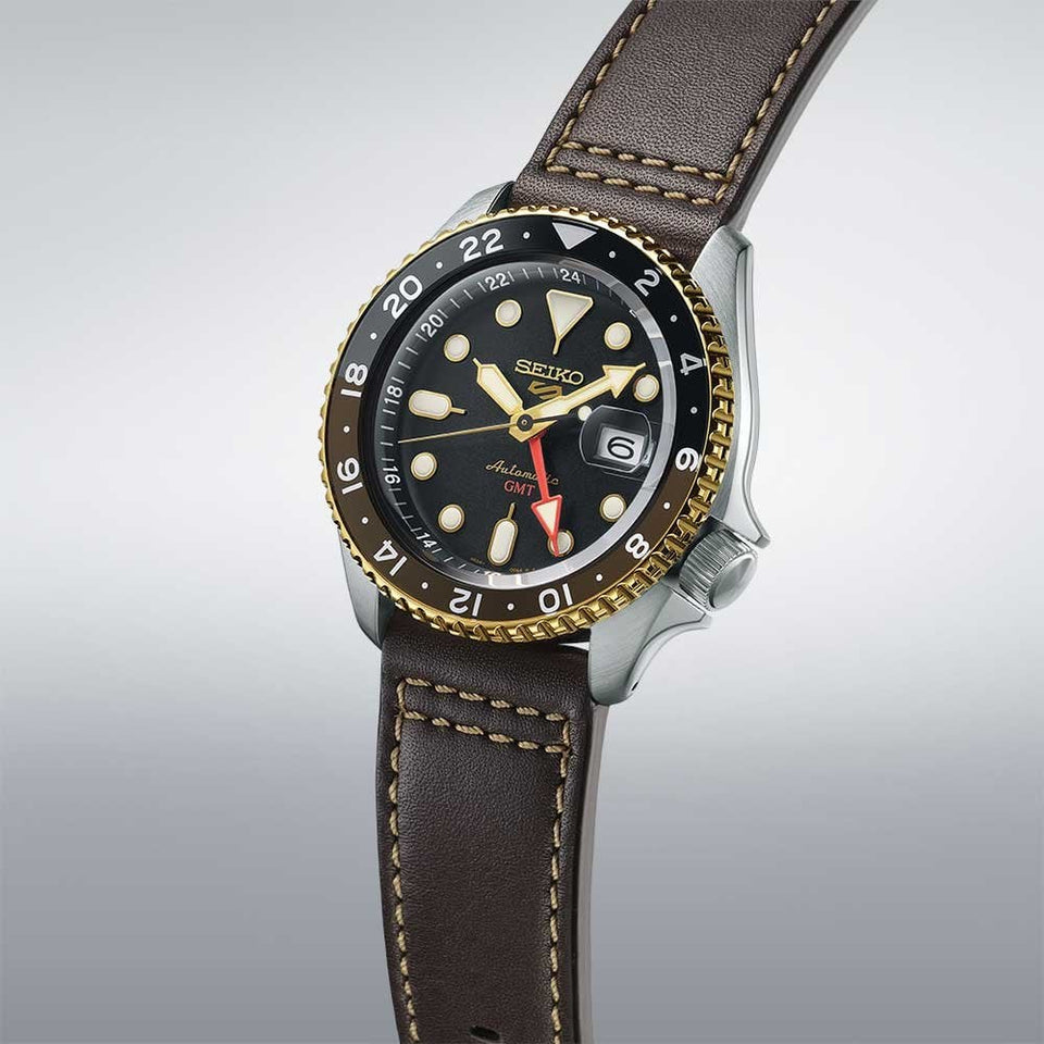 Seiko 5 Sports Men's Sports SKX GMT Mocha Leather Strap Watch
