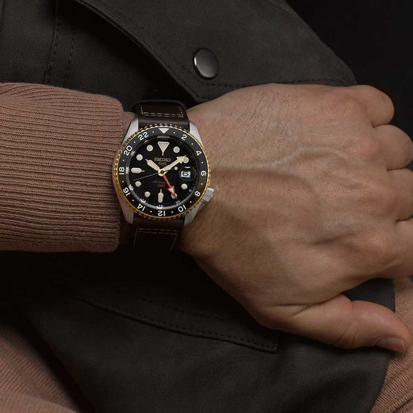 Seiko 5 Sports Men's Sports SKX GMT Mocha Leather Strap Watch