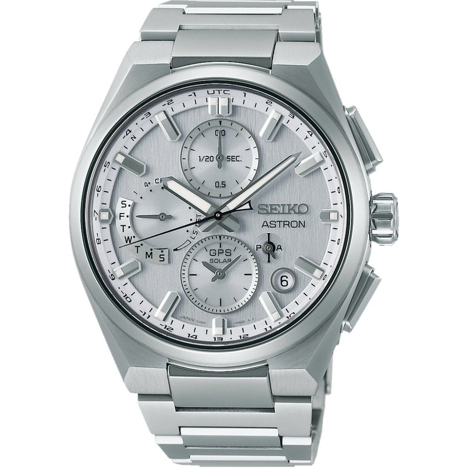 Seiko Astron Silvery White Dual-Time GPS Solar Chronograph Watch