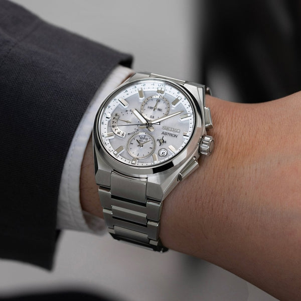 Seiko Astron Silvery White Dual-Time GPS Solar Chronograph Watch