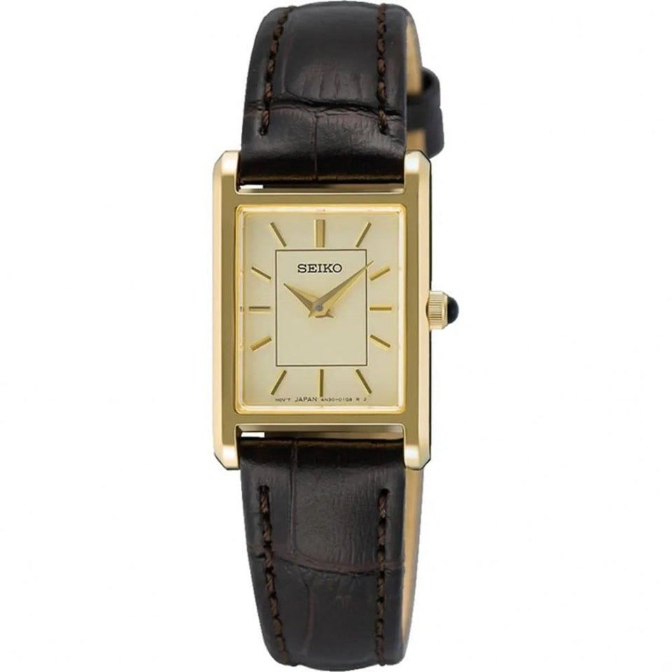 Seiko Ladies Champagne Black Leather Strap Watch