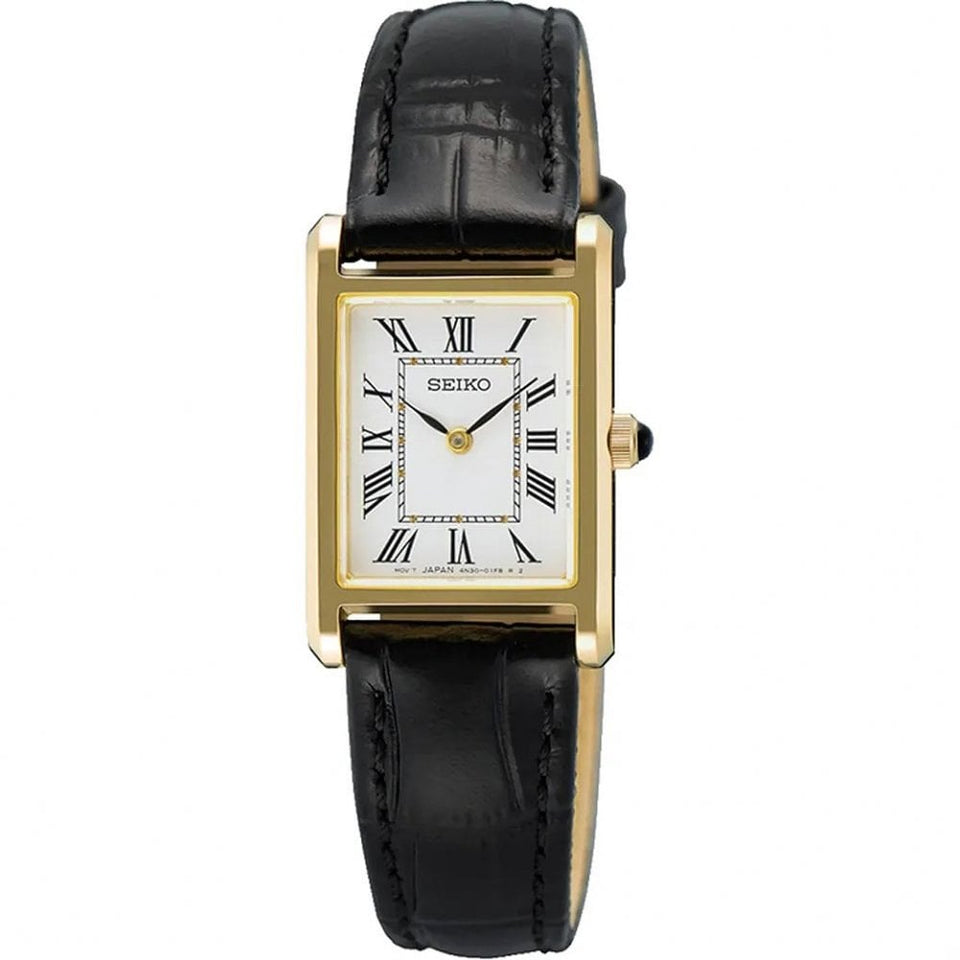 Seiko Ladies Classic Dress Off White Black Leather Strap Watch