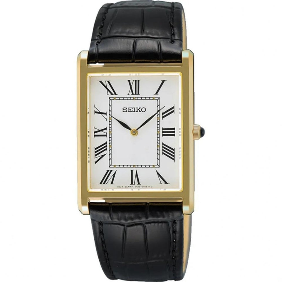 Seiko Men's Classic Dream Gold Plated Black Leather Strap Watch