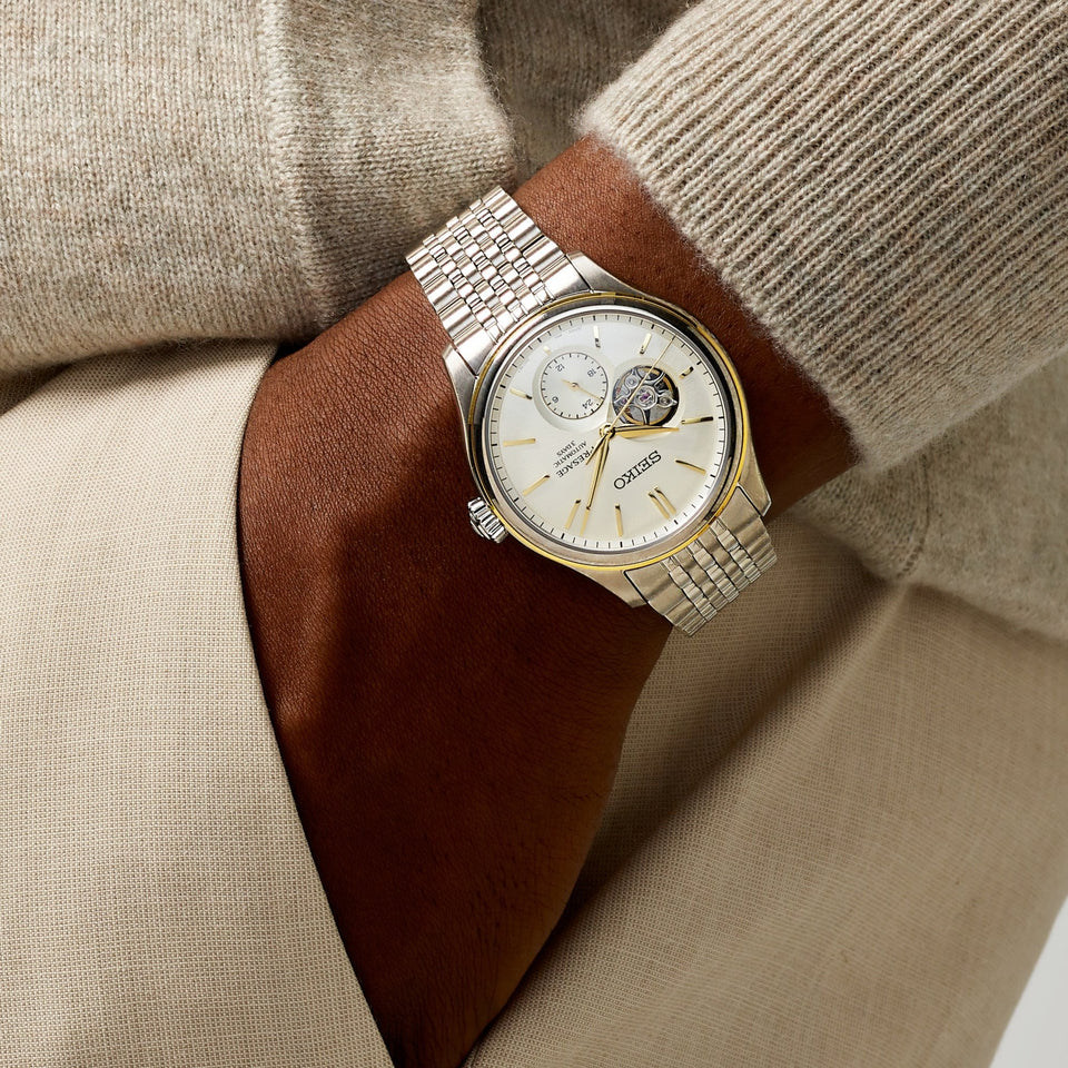 Seiko Presage Men's Classic Series Open Heart in Delicate Cream Silk Watch