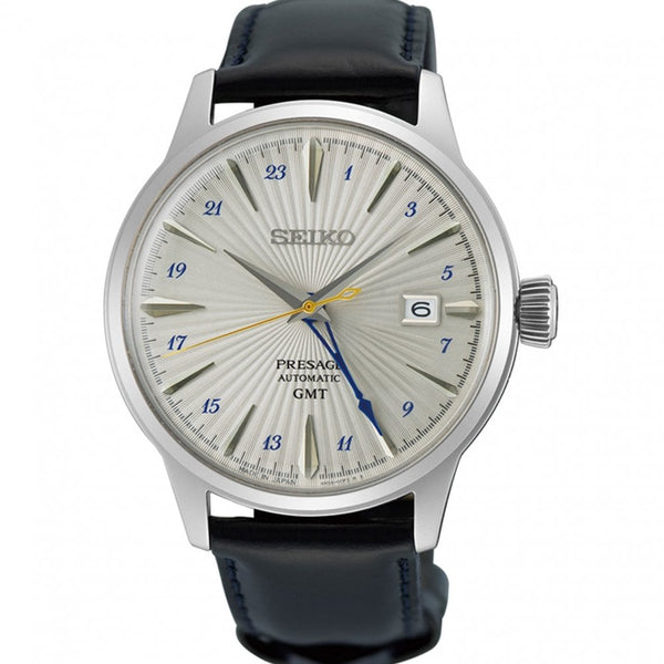 Seiko Presage Men's Cocktail Time 'Silver Bullet' GMT Leather Strap Watch